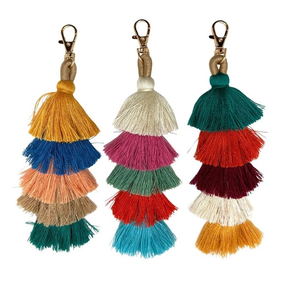 Green, Rust, Maroon, Ivory, Mustard Cascading Tassels Bag Charm - Picture 2 of 2